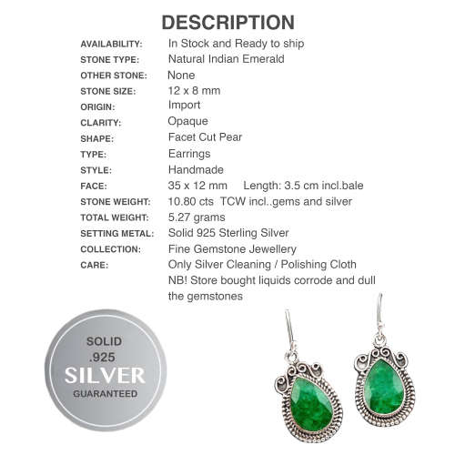 Natural Indian Emerald  Gemstone set in Solid .925 Sterling Silver Earrings
