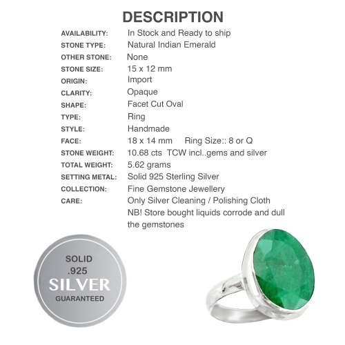 Natural Indian Emerald Oval Solid .925 Silver Ring Size 8 or Q