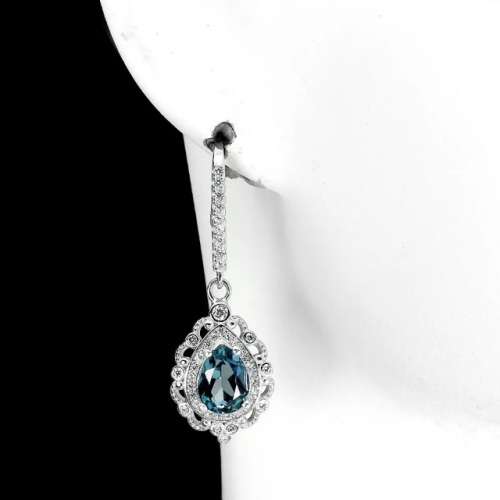 Natural London Blue Topaz CZ Gemstone Solid .925 Sterling Silver 14K White Gold Earrings