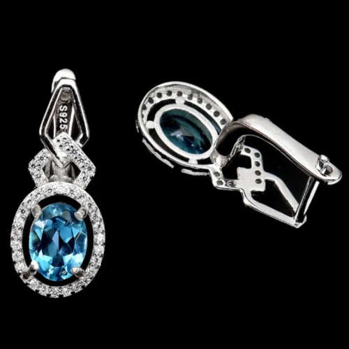 Natural Swiss Blue Topaz White Cubic Zirconia Gemstone Solid .925 Silver 14K White Gold Earrings