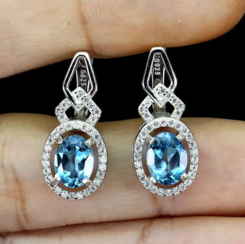 Natural Swiss Blue Topaz White Cubic Zirconia Gemstone Solid .925 Silver 14K White Gold Earrings