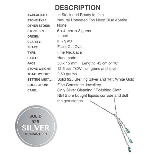 Dainty Natural Unheated Apatite Gemstone Solid .925 Silver 14K White Gold Necklace