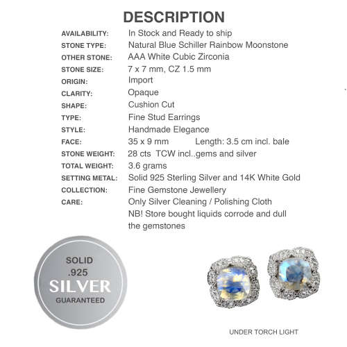 Natural Unheated Blue Schiller Moonstone, White Cubic Zirconia in Solid .925 Silver Stud Earrings