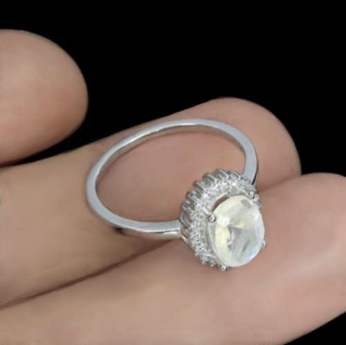 Natural Unheated Blue Schiller Moonstone, White Cubic Zirconia Solid .925  Silver Ring Size 7 or O