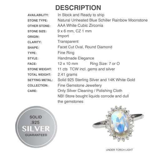 Natural Unheated Blue Schiller Moonstone, White Cubic Zirconia Solid .925  Silver Ring Size 7 or O