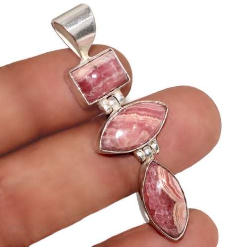 Natural Mixed Shaped Rhodochrosite Gemstone in .925 Sterling Silver Plated Handmade Dainty Pendant