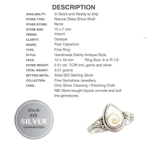 Incredible Natural Shea Shiva Shell Solid. 925 Sterling Silver Ring Size 9 or R 1/2