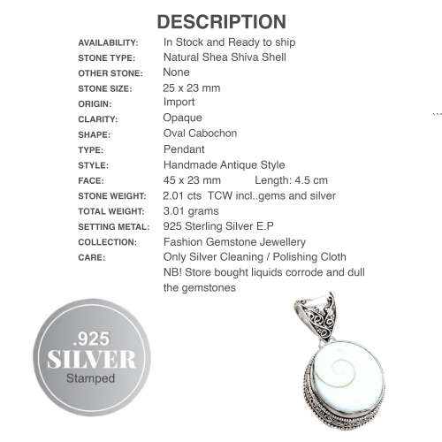 Natures Bounty Incredible Shea Shiva Shell . 925 Silver Pendant
