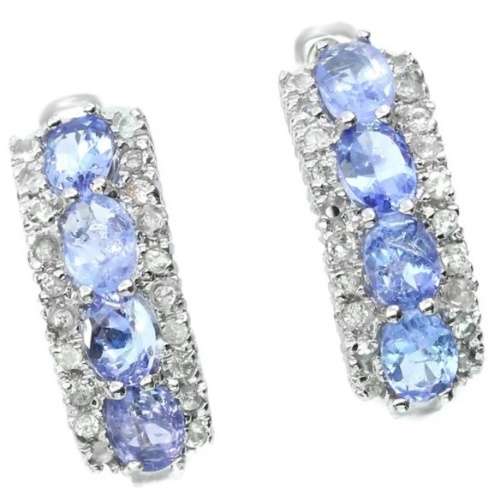 Rare Natural Unheated Tanzanite and White Topaz Gemstone Solid .925 Silver & White Gold Earrings