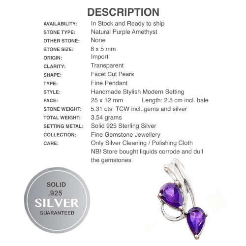 Natural Purple Amethyst Gemstone set in Solid .925 Sterling Silver Pendant