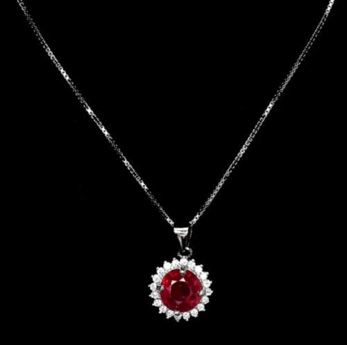 Deluxe Natural Red Pink Ruby and White CZ Gemstone Set in Solid .925 Sterling Silver Necklace