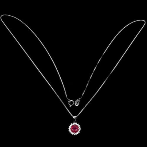 Deluxe Natural Red Pink Ruby and White CZ Gemstone Set in Solid .925 Sterling Silver Necklace
