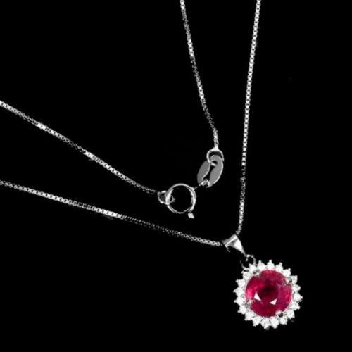 Deluxe Natural Red Pink Ruby and White CZ Gemstone Set in Solid .925 Sterling Silver Necklace