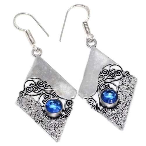 Handmade Exotic Blue Quartz Gemstone 925 Sterling Silver Earrings