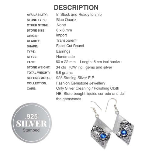Handmade Exotic Blue Quartz Gemstone 925 Sterling Silver Earrings