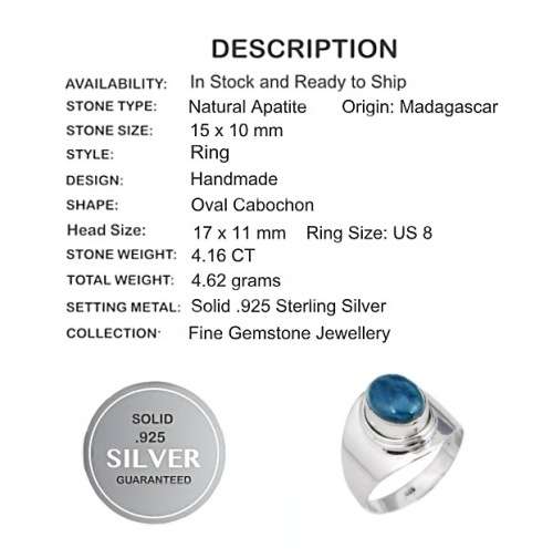 4.16 cts Natural Blue Apatite (Madagascar) Oval Gemstone in Solid .925 Sterling Silver Ring Size 8
