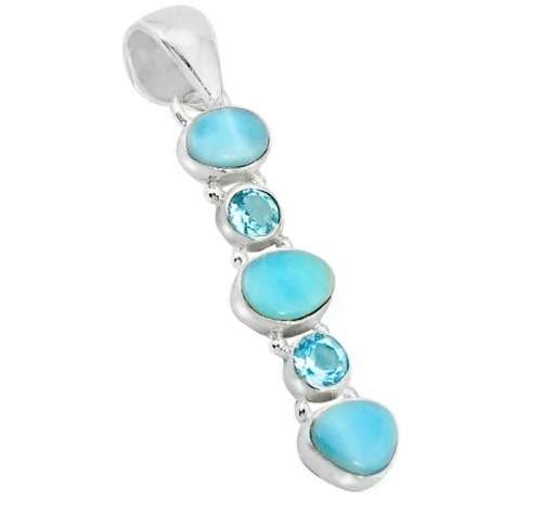 Natural Caribbean Larimar and Blue Topaz Gemstones set in Solid .925 Sterling Silver Pendant