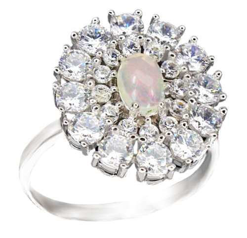 Natural Unheated Hot Flash White Ethiopian Fire Opal, White CZ Solid .925 Sterling Ring Size 6.5 /N