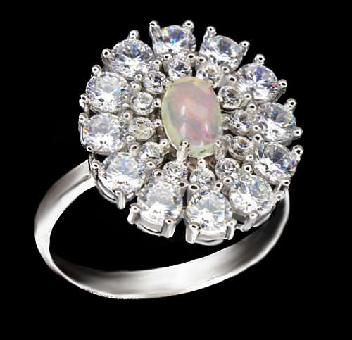 Natural Unheated Hot Flash White Ethiopian Fire Opal, White CZ Solid .925 Sterling Ring Size 6.5 /N