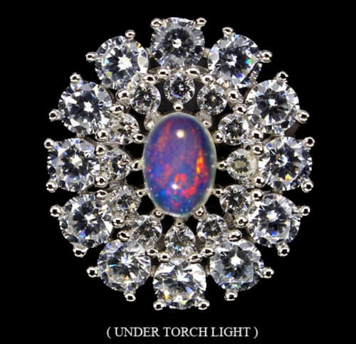 Natural Unheated Hot Flash White Ethiopian Fire Opal, White CZ Solid .925 Sterling Ring Size 6.5 /N