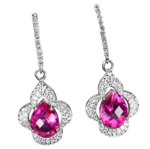 Natural Pink Topaz and White Cubic Zirconia Solid .925 Sterling Silver 14K White Gold Stud Earrings