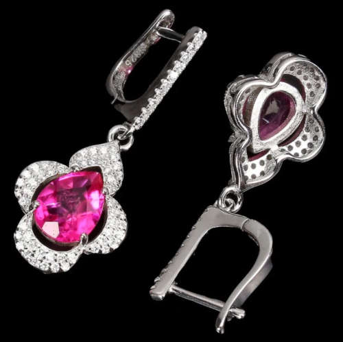 Natural Pink Topaz and White Cubic Zirconia Solid .925 Sterling Silver 14K White Gold Stud Earrings