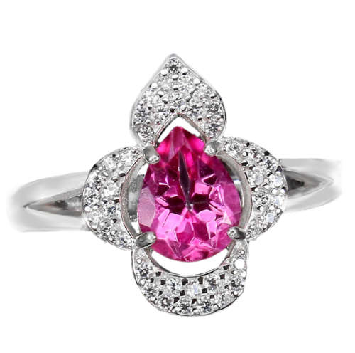 Natural Pink Topaz White Cubic Zirconia Solid .925 Sterling Silver 14K White Gold Ring Size 7 or O
