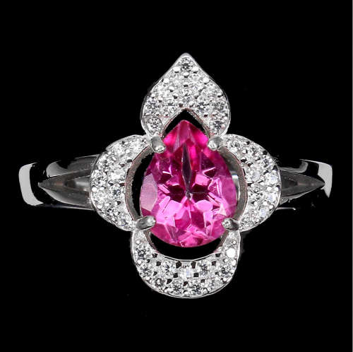 Natural Pink Topaz White Cubic Zirconia Solid .925 Sterling Silver 14K White Gold Ring Size 7 or O