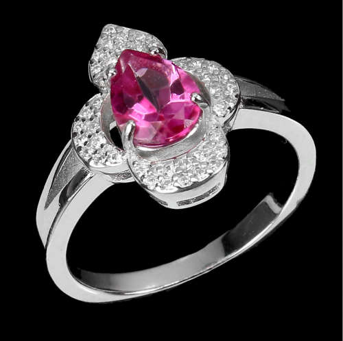 Natural Pink Topaz White Cubic Zirconia Solid .925 Sterling Silver 14K White Gold Ring Size 7 or O
