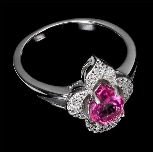 Natural Pink Topaz White Cubic Zirconia Solid .925 Sterling Silver 14K White Gold Ring Size 7 or O