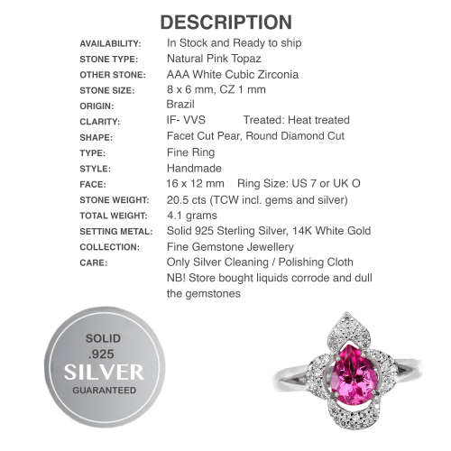 Natural Pink Topaz White Cubic Zirconia Solid .925 Sterling Silver 14K White Gold Ring Size 7 or O