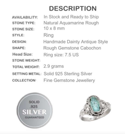 Natural Aquamarine Rough Gemstone in Solid .925 Silver Ring Size US 7.5 or P