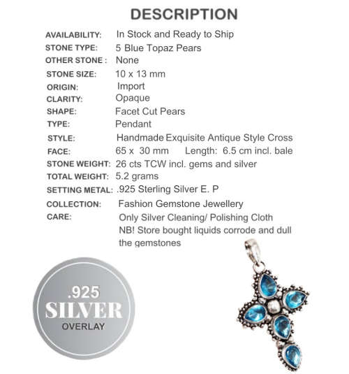 Handmade Blue Topaz Gemstone Pears .925 Sterling Silver Cross Pendant