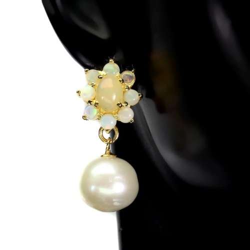 Natural Unheated Rainbow Ethiopian Fire Opal & White Pearl Solid .925 Silver Earrings