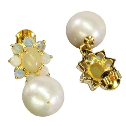 Natural Unheated Rainbow Ethiopian Fire Opal & White Pearl Solid .925 Silver Earrings