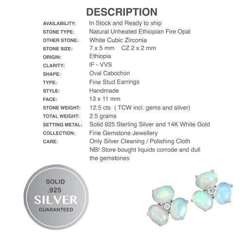Natural Unheated Full Flash Ethiopian Fire Opal CZ Gemstone Solid .925 Sterling Stud Earrings