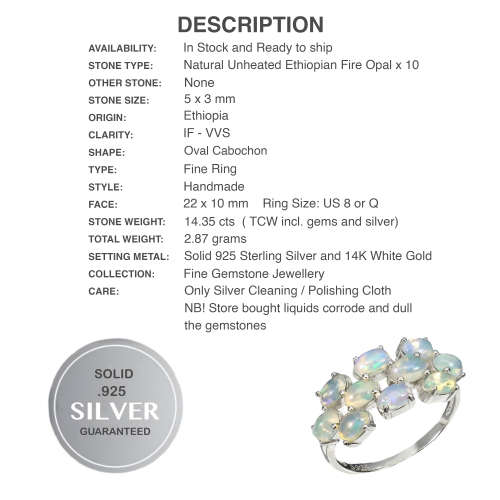 Natural Unheated Ethiopian Full Flash Fire Opal Gemstone Solid .925 Sterling Ring Size 8 or Q