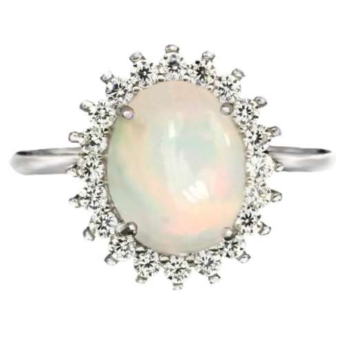 Natural Full Flash Ethiopian Fire Opal White CZ set in Solid .925 Sterling Ring Size 8 or Q