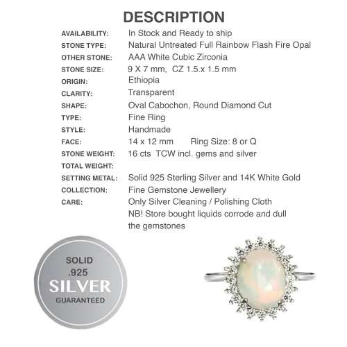 Natural Full Flash Ethiopian Fire Opal White CZ set in Solid .925 Sterling Ring Size 8 or Q