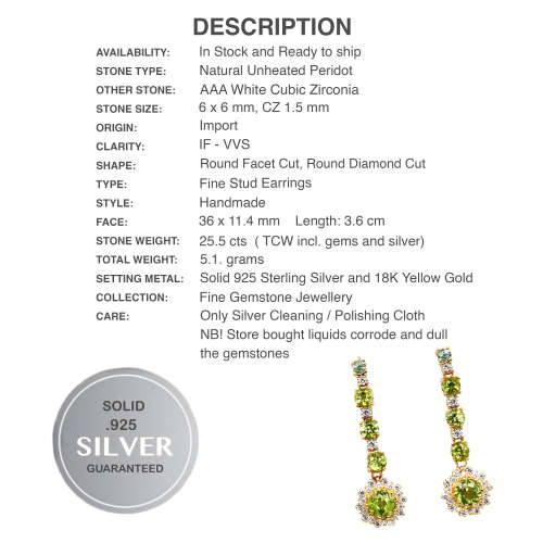 Natural Unheated Peridot, White Cubic Zirconia in Solid .925 Sterling Silver 18K Y/ Gold Earrings