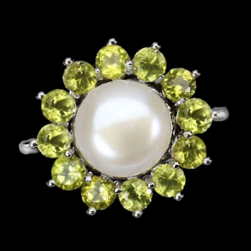 Natural Unheated Peridot and White Pearl Gemstone set in Solid .925 Sterling Silver Ring Size 8 or Q