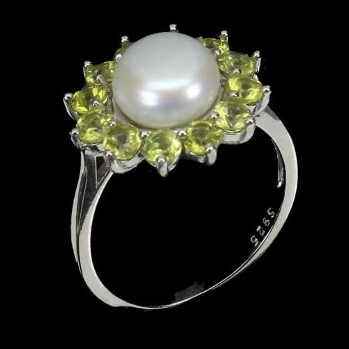 Natural Unheated Peridot and White Pearl Gemstone set in Solid .925 Sterling Silver Ring Size 8 or Q