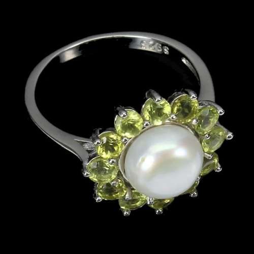 Natural Unheated Peridot and White Pearl Gemstone set in Solid .925 Sterling Silver Ring Size 8 or Q