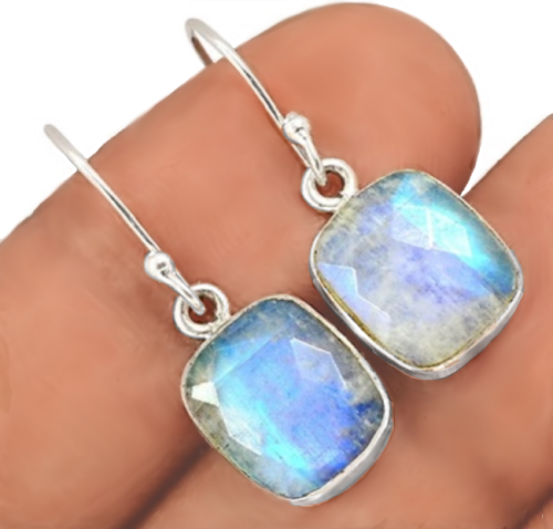 Natural Rainbow Moonstone Gemstone Solid .925  Silver Earrings