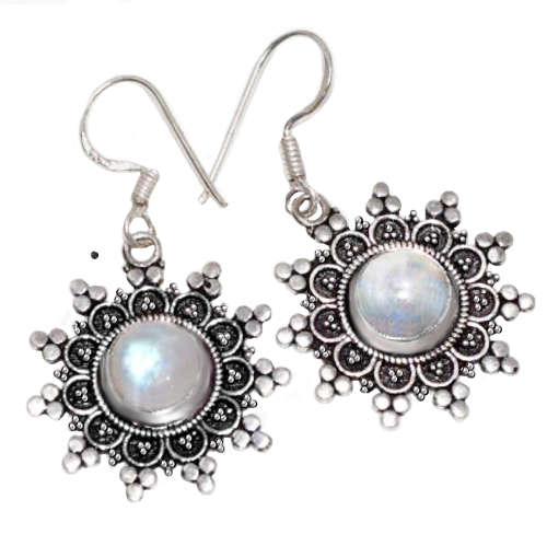 Indonesian Bali -Java Natural Rainbow Moonstone Gemstone .925 Silver Earrings