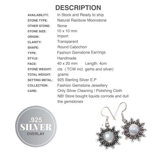 Indonesian Bali -Java Natural Rainbow Moonstone Gemstone .925 Silver Earrings