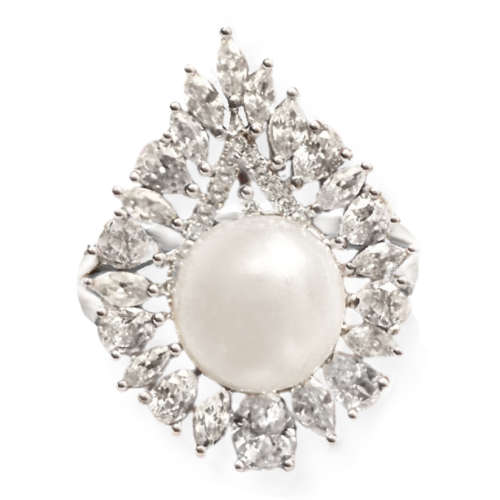 Natural Creamy White Pearl ,White CZ  set in Solid .925 Sterling Silver Ring Size US 9.5 or S1/2