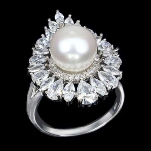 Natural Creamy White Pearl ,White CZ  set in Solid .925 Sterling Silver Ring Size US 9.5 or S1/2