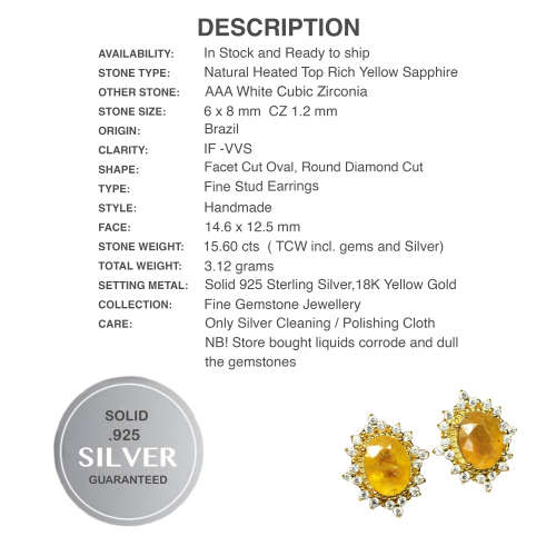 Natural Heated Oval Yellow Sapphire in Solid 925 Sterling Silver 18K Yellow Gold Stud Earrings