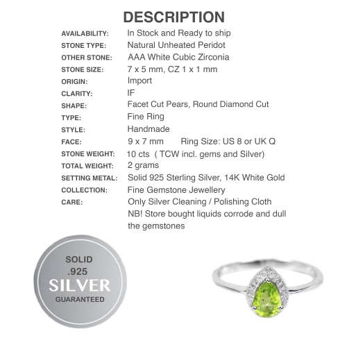 Natural Unheated Peridot and White CZ Gemstone set in Solid .925 Sterling Silver Ring Size 8 / Q